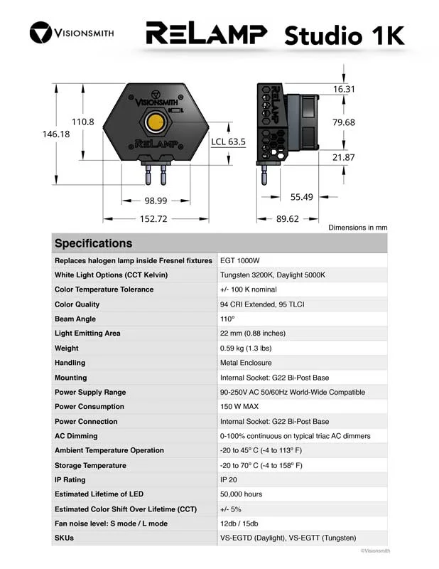 visionsmith relamp 1k studio specifications